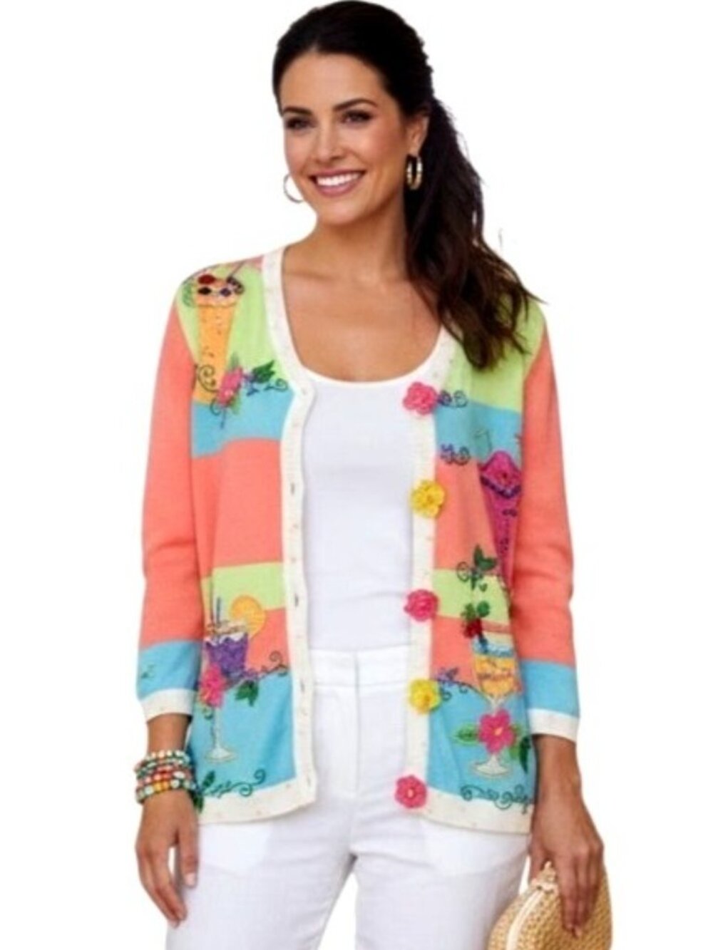 VTG Jack B. Quick Tropical Summer Cocktails 3D Floral Cardigan M Hibiscus Beaded